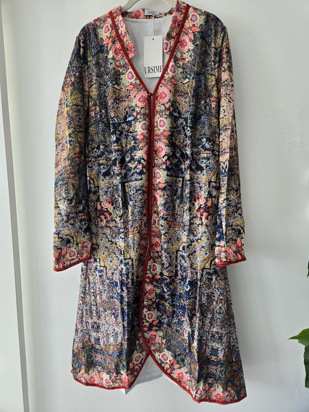 Ursime Navy Floral Velvet Open-Front Coat with Pink Trim